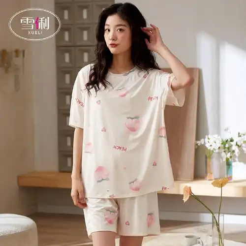 夏季睡衣女2024新款可爱印花卉夏天薄款圆领甜美女士家居服套装!
