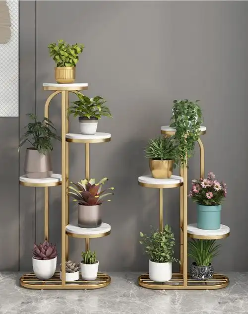 轻奢网红阳台铁艺简约多层大理石花盆架子n3层花架白色大理石金色支架