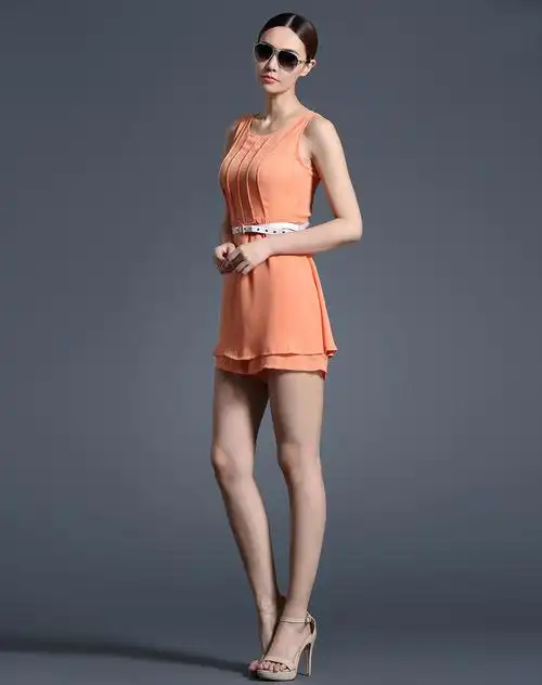橙色甜美雪纺无袖修身连衣裤裙