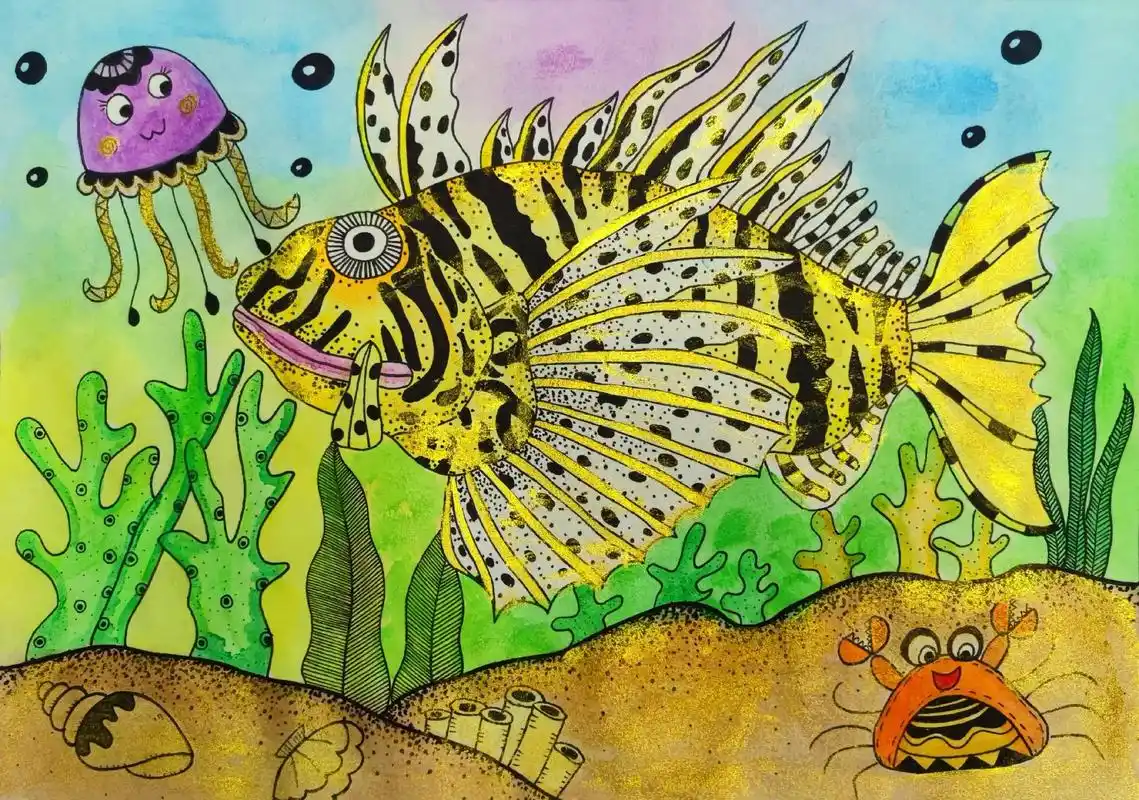 狮子鱼#线描画 #儿童画  - 抖音