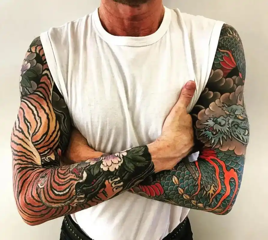 双花臂龙虎素材锦鲤花臂传统题材