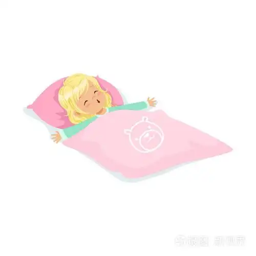 可爱的金发小女孩睡在她床上的卡通人物矢量图