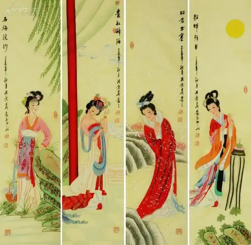 中国美协【孔庆义】羊年新作绢本工笔仕女画四条屏精品《古代四大美女