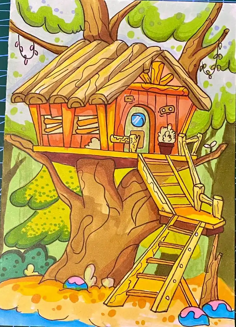 马克笔儿童童画 场景插画 房子在森林中的小房子马克笔绘画 - 抖音