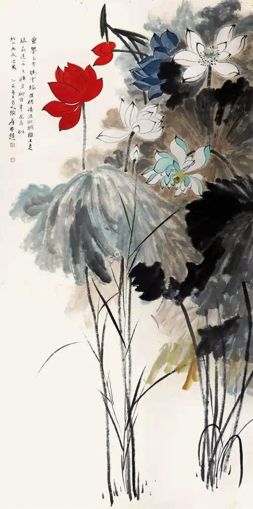 张大千荷花纸本立轴