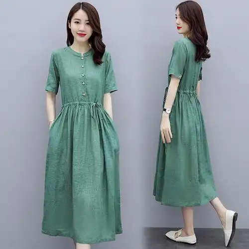 时尚短袖圆领休闲系带中长款棉麻连衣裙(货号 am4292) - 唐资商城
