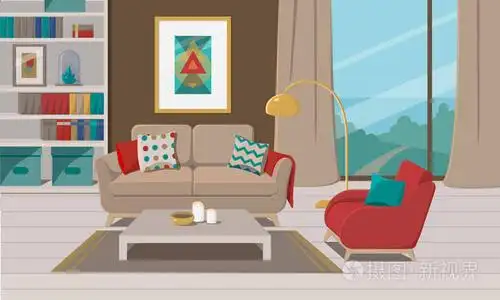 内部. 客厅配有沙发台灯,图片架,书籍,地毯窗. 矢量图.