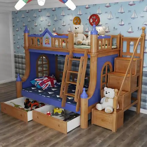 儿童床全实木高低床上下床双层子母床多功能白蜡木高架城堡上下铺