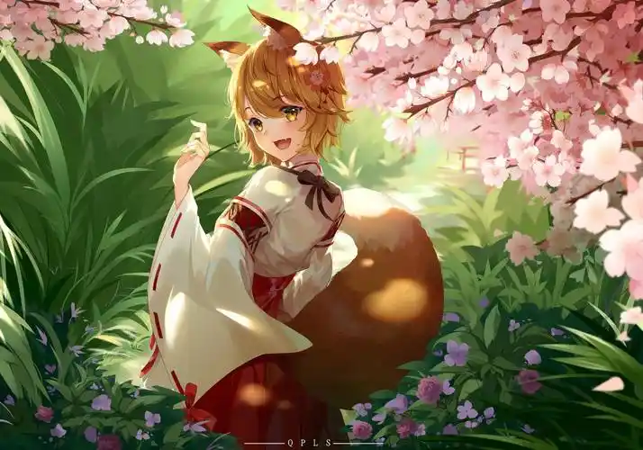 桃花绿植被狐狸尾巴兽耳女孩4k高清动漫壁纸