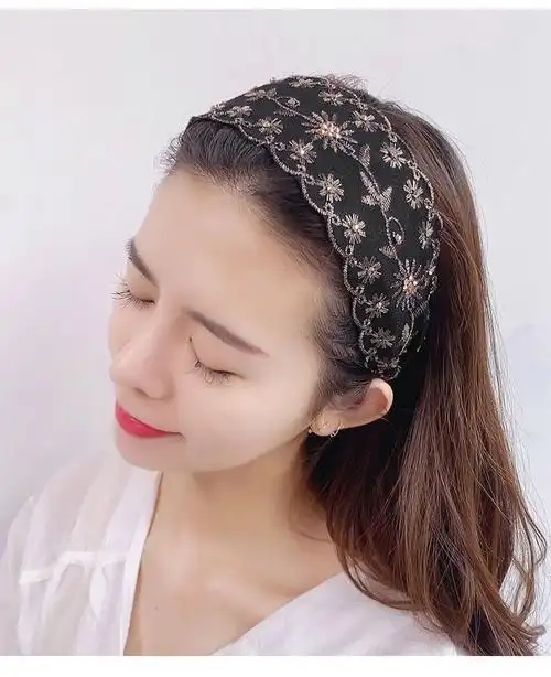 knriquen 盖白发的宽发卡 遮白发发箍宽边刺绣水晶带齿防滑头箍宽边压