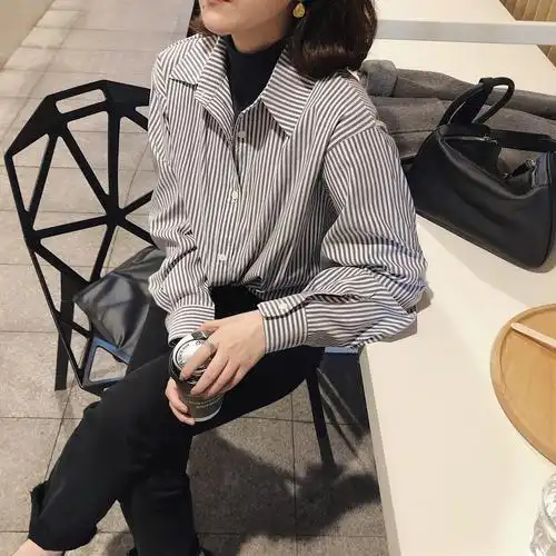misslady韩国一年四季都好穿搭chic竖条条纹衬衫复古衬衫