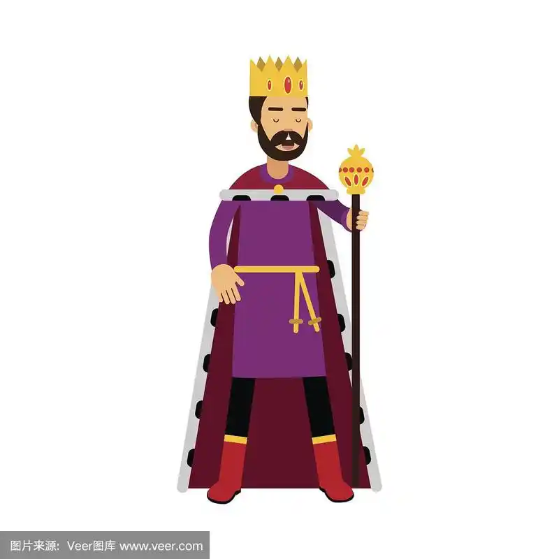 威严的国王在黄金皇冠站和持有权杖,童话或中世纪的字符,彩色矢量插图