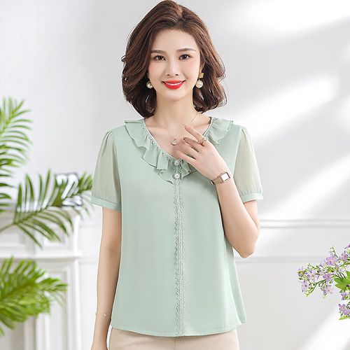 藤印中年妇女衣服女装妈妈40-50岁套装夏天中年夏装新款洋气雪纺短袖t