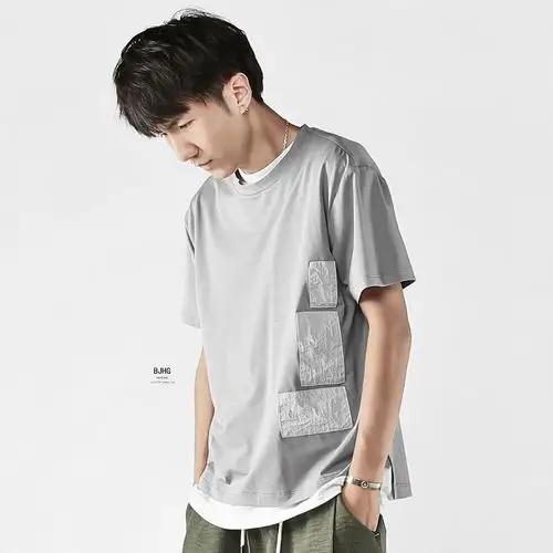 bjhg 欧美oversize竹节棉毛圈水洗宽松撞色口袋中袖t恤潮男五分袖