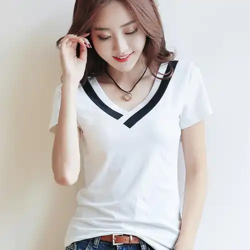女士t恤 902新款纯造夏季韩版v领纯色短袖t恤女白色体恤半袖打底衫