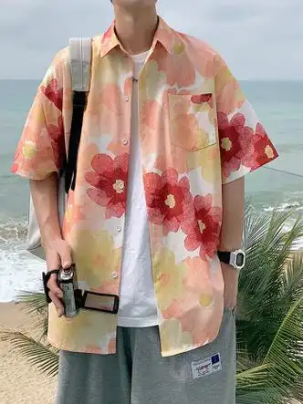 nasalike海边沙滩短袖衬衫男夏季薄款夏威夷度假风冰丝花大码宽松衣服