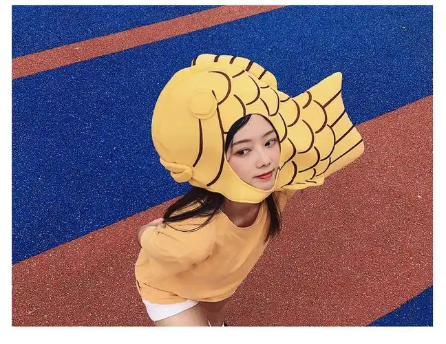 头套搞笑胖头鱼头鲷鱼烧头套搞怪搞笑动物网红可爱帽子拍照饰 黄色