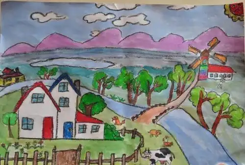 关于春天的油画简笔画美丽的家乡简笔画村庄路边小村庄简笔画卡通漂亮