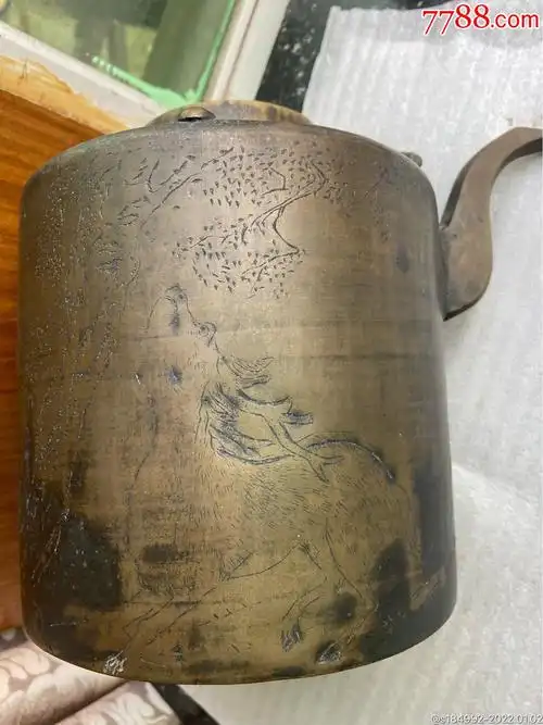 民国月夜评茶大铜提梁壶