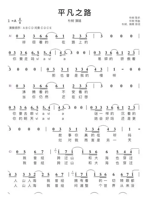 平凡之路智能简谱朴树演唱