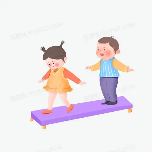手绘卡通小朋友走平衡木素材
