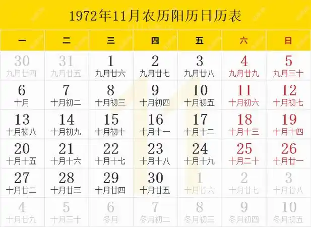 1972年农历阳历表 1972年农历表 1972年日历表 - 日历网