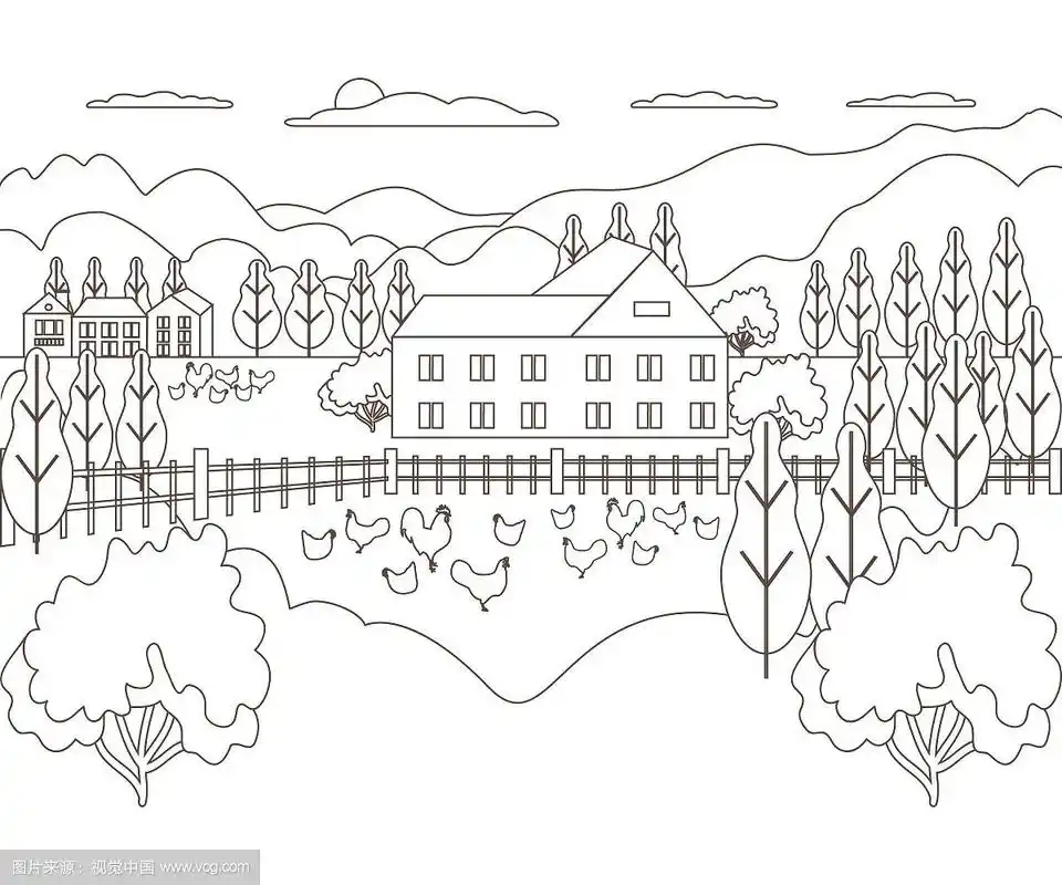 细线勾勒出田园田园的全景