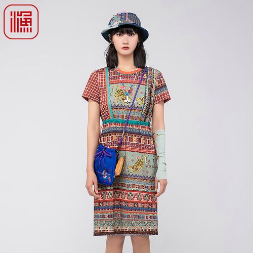 渔渔牌女装连衣裙2024新款女夏新中式民族风格子印花裙子女fggb0005