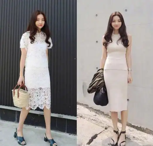 白色蕾丝花边连衣裙 黑色高跟鞋