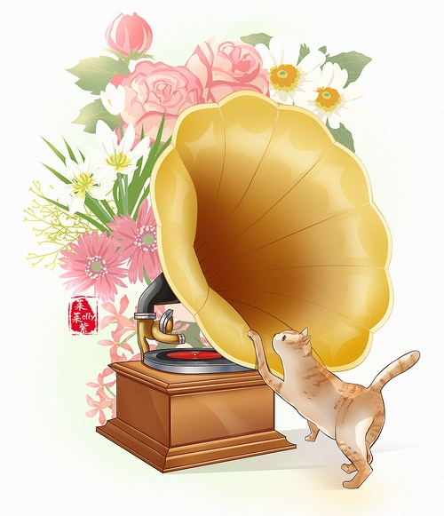 猫与花和留声机|插画|艺术插画|菜菜籽cliy - 原创作品 - 站酷 (zcool