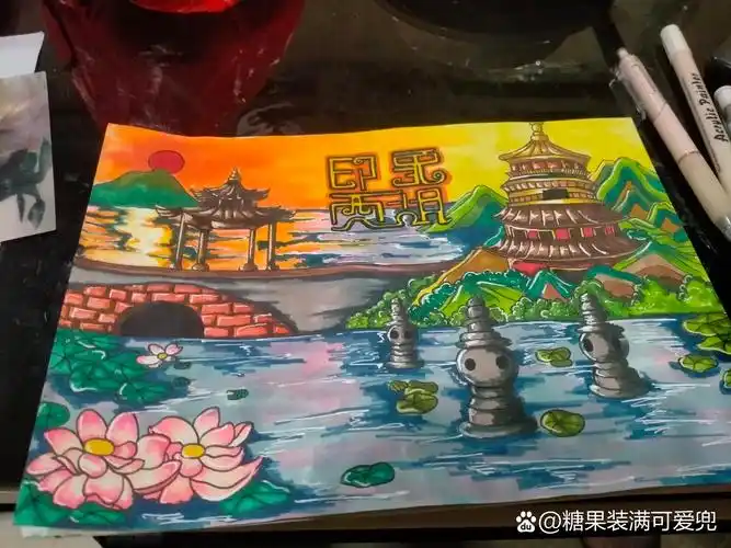 印象西湖马克笔绘画