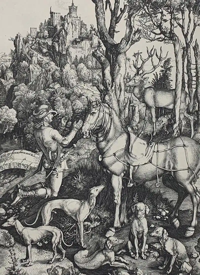 丢勒铜版画《圣尤斯塔斯》～创作于1499-1503年,这是他最大的一幅铜