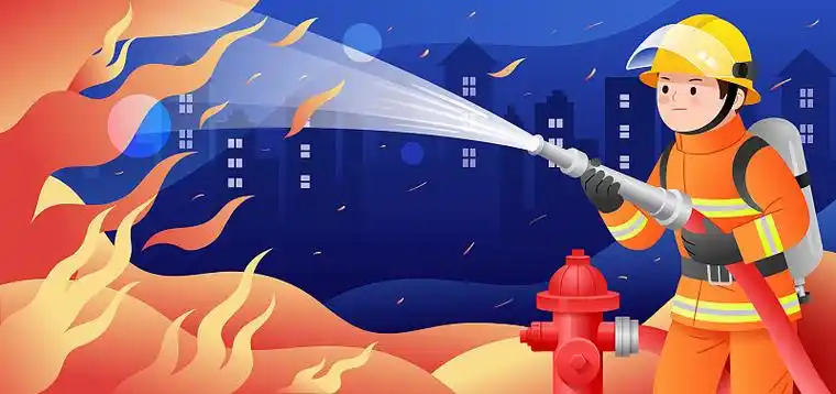 拿着高压水枪灭火的消防员插画横版图片下载