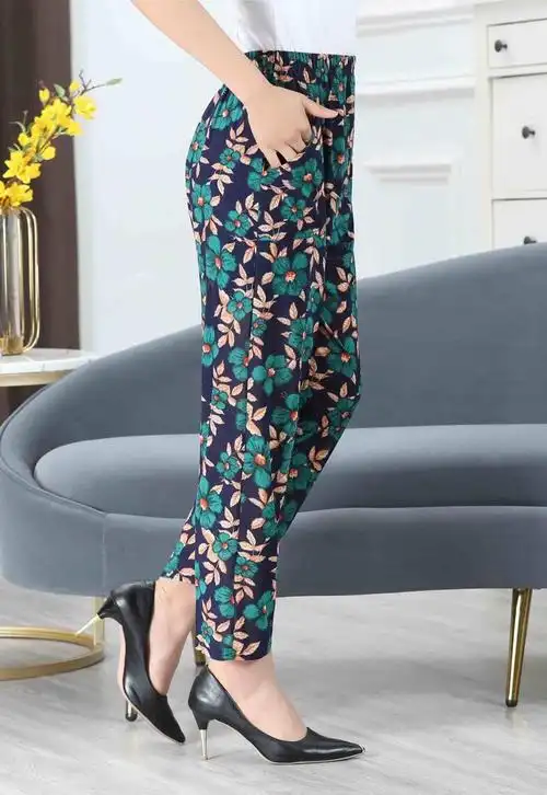 款妈妈花裤子中老年女裤大码妈妈裤子九分裤中年女裤老人裤子女 花色2