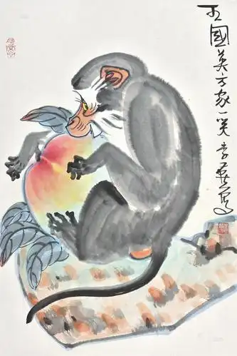 【猴子献桃 镜片 设色纸本】拍卖品_图片_价格_鉴赏_绘画_雅昌艺术品