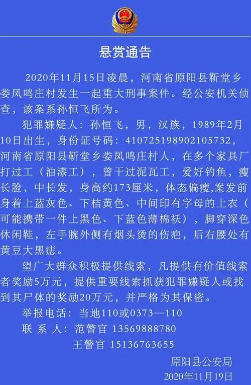 孙恒飞相关照片:此前报道11月15日,河南原阳靳堂乡娄凤鸣庄村发生一起