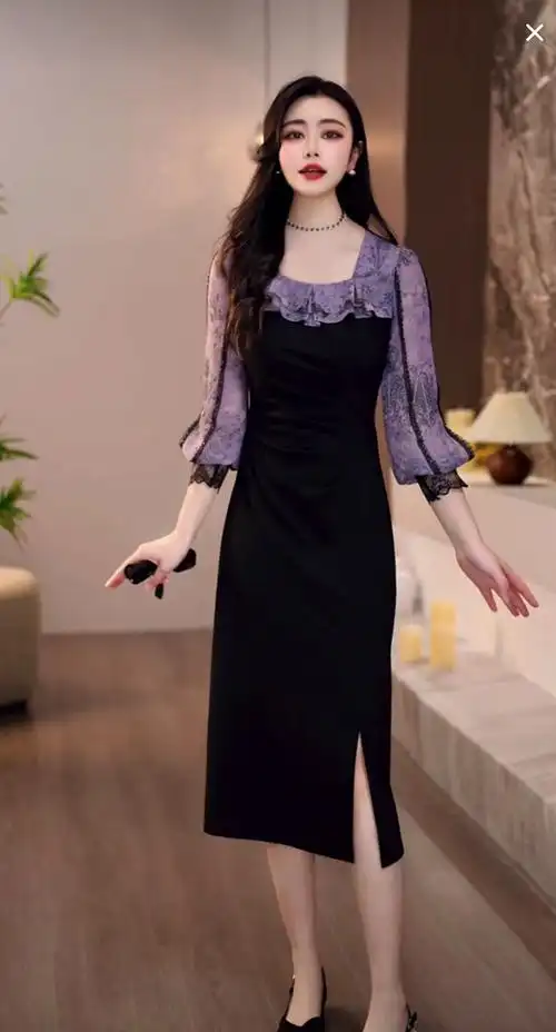 已出货 2025春夏新款大码女装印花雪纺拼接显瘦气质淑女连衣裙