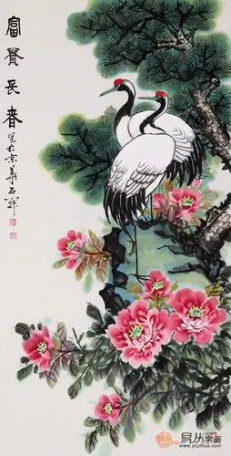 牡丹象征富贵,仙鹤象征吉祥长寿,总体来说寓意就是富贵吉祥健康长寿