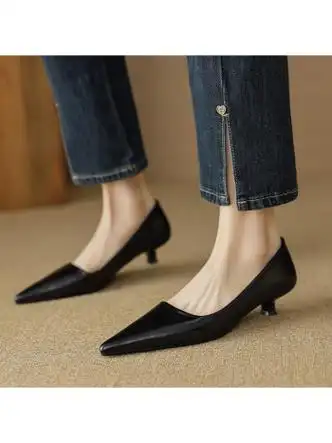 兆麦昆女鞋尖头单鞋女细跟黑色工作鞋2024年春夏季新款仙女风一脚蹬