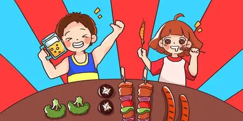 吃烧烤啤酒烤串原创插画海报