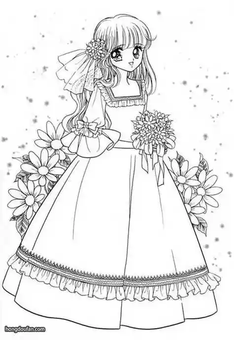 仙子公主涂色简笔画大全带着头纱穿着花朵婚纱的日本漫画公主涂色简笔
