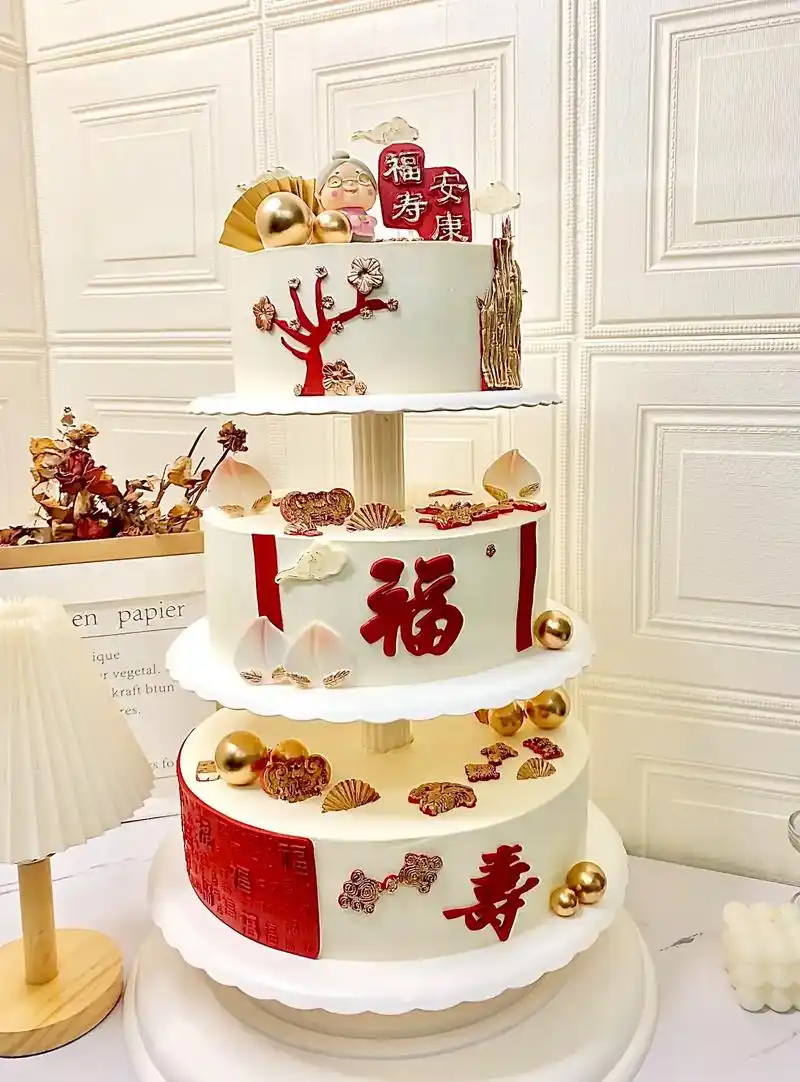 长辈过寿三层蛋糕/我拍客拍.迸口动物奶油 5款免费夹心可选: - 抖音