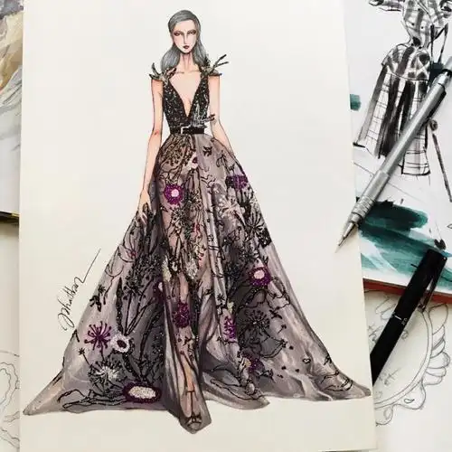 时装绘画 服装手稿 手绘 晚礼服 秀场 作者@eris tran