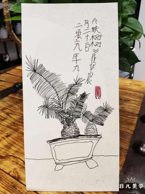 课题 少儿美术《铁树盆景》线描写生