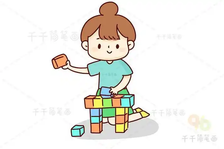 小朋友整理玩具简笔画一箱儿童玩具简笔画玩积木的女孩简笔画积木是