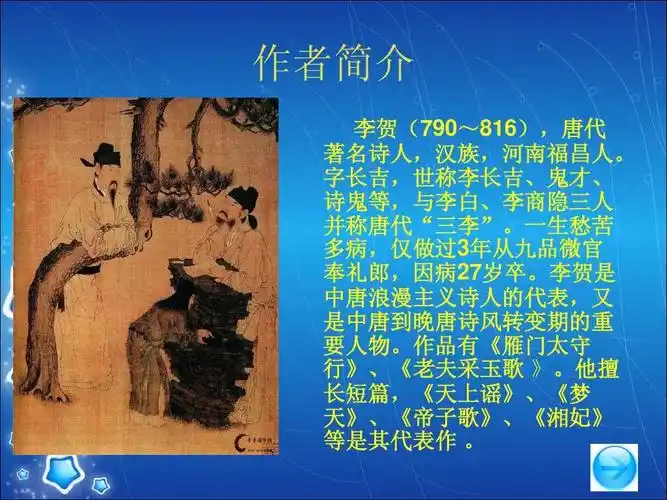 所有分类 小学教育 语文 南园十三首(其五)ppt 作者简介 李贺(790~816