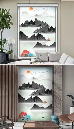 卷帘背景墙家居图案|抽象水墨山水画新中式卷帘屏风窗帘门帘图案