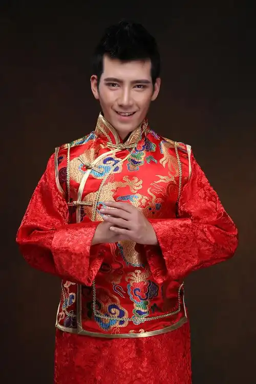 中式婚礼红色新郎长袖秀禾服男士唐装 结婚礼服敬酒服古装