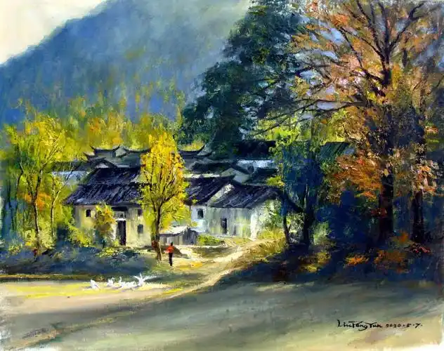《斜阳下的村庄》油画70x90cm刘鹏云