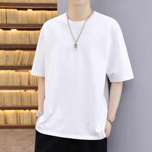 夏季潮流重磅纯棉纯色纯白百搭宽松内搭半袖短袖t恤男打底上衣服